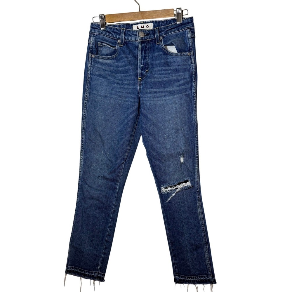 AMO Women Babe Jeans 26‎ Blue Dive Bar Destroy Distressed Raw Hem Indie Grunge